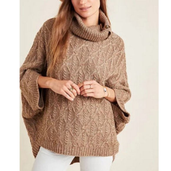 Anthropologie XS NWT Corinne Cable Knit Poncho Sweater Taupe Tan - Picture 2 of 8